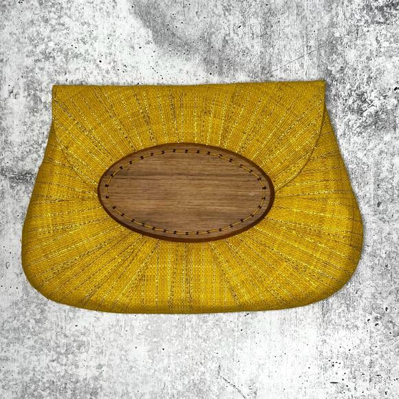 Anthropologie Handbags - NWOT Anthropologie Mar Y Sol Gold Thread Wood Detail Straw Clutch Purse Yellow